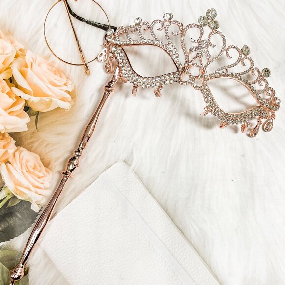 Rose Gold Masquerade Mask with Stick, Crystal Masquerade Ball, Masquerade Ball - Picture 1 of 8
